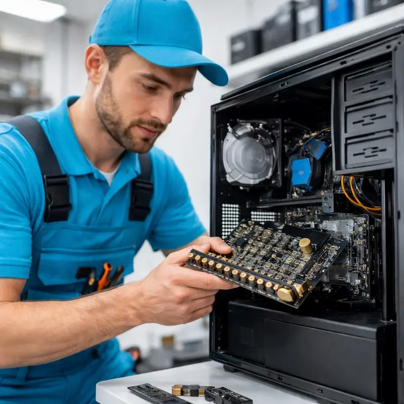 Мастер устанавливает звуковую карту на ПК в Новоселье